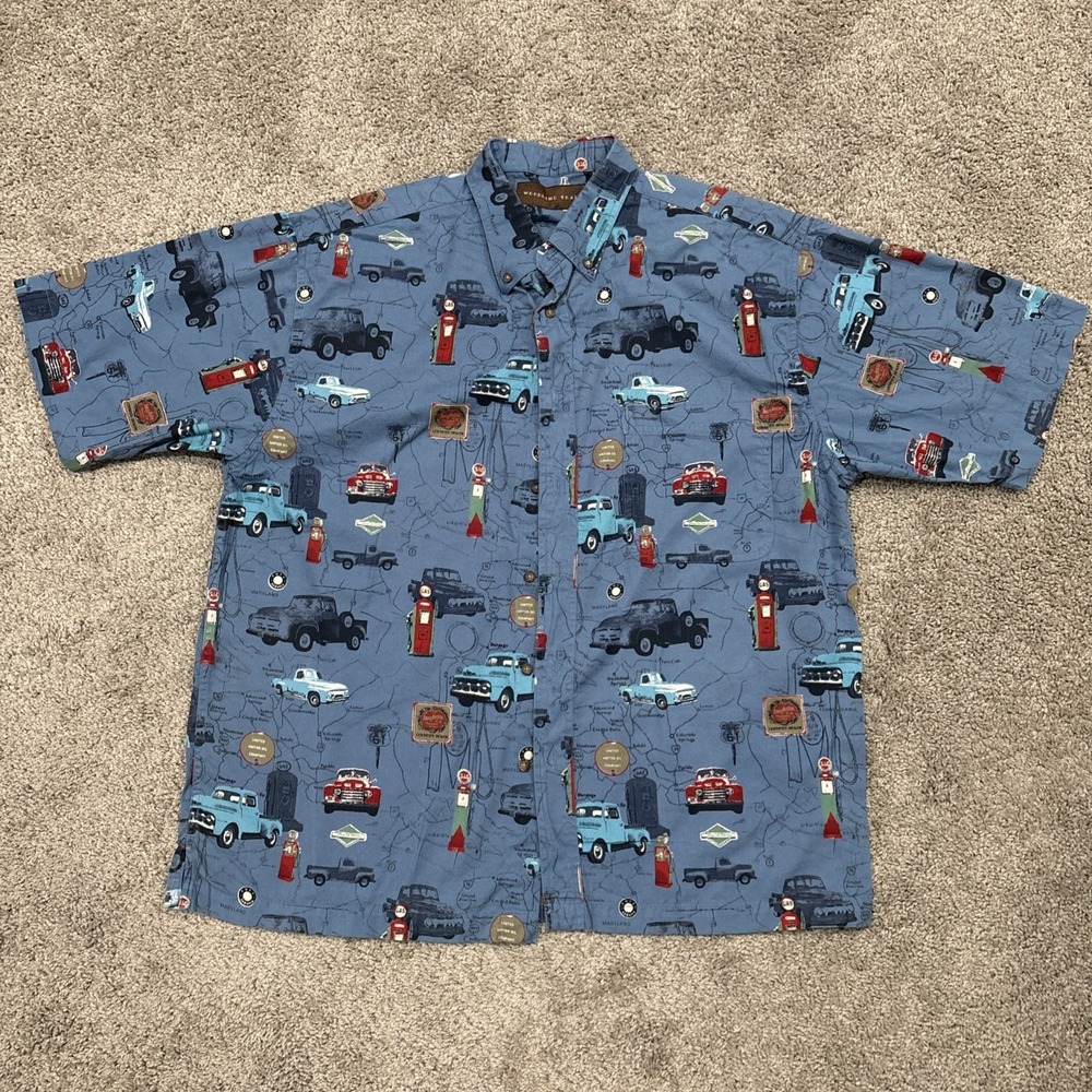 Men's Woodland Trail Short Sleeve Button Up Size Extra Large, Blue Graphic Print